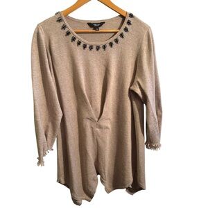 Vera Wang Tan Blouse with Embellished Neckline Large